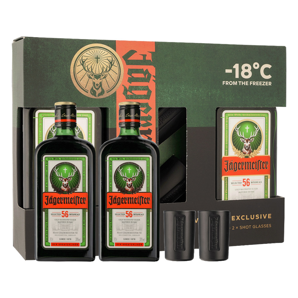 jagermeister-twinpack-shot-glass JAGERMEISTER 2x500ml + 2 SHOT GLASSES GIFT PACK - Image 1